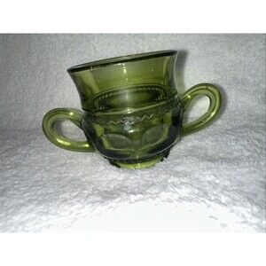 Vintage Sugar Bowl Indiana Glass Kings Crown Thumbprint 2 Handles Avocado Green